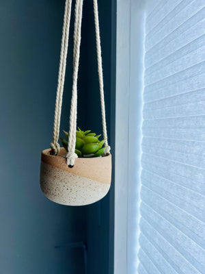 Hanging Orb Planter with Cord - White - Handmade Ceramic : Speckled sand / Medium