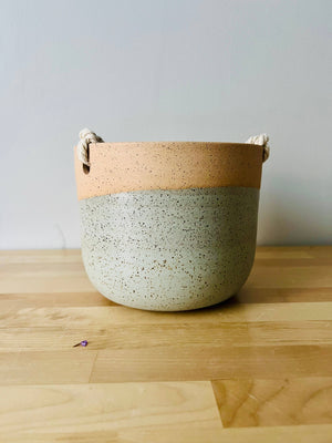 Hanging Orb Planter with Cord - White - Handmade Ceramic : Speckled sand / Medium