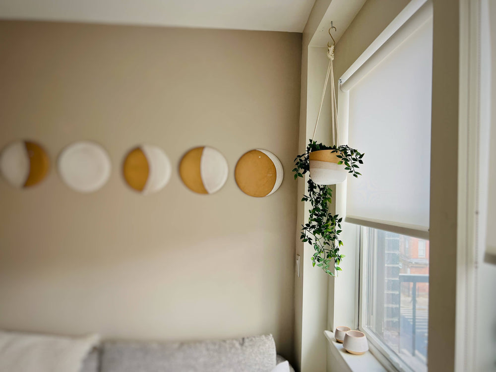 Hanging Orb Planter with Cord - White - Handmade Ceramic : Speckled sand / Medium