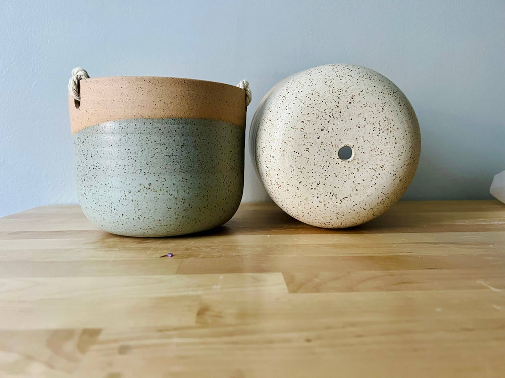Hanging Orb Planter with Cord - White - Handmade Ceramic : Speckled sand / Medium