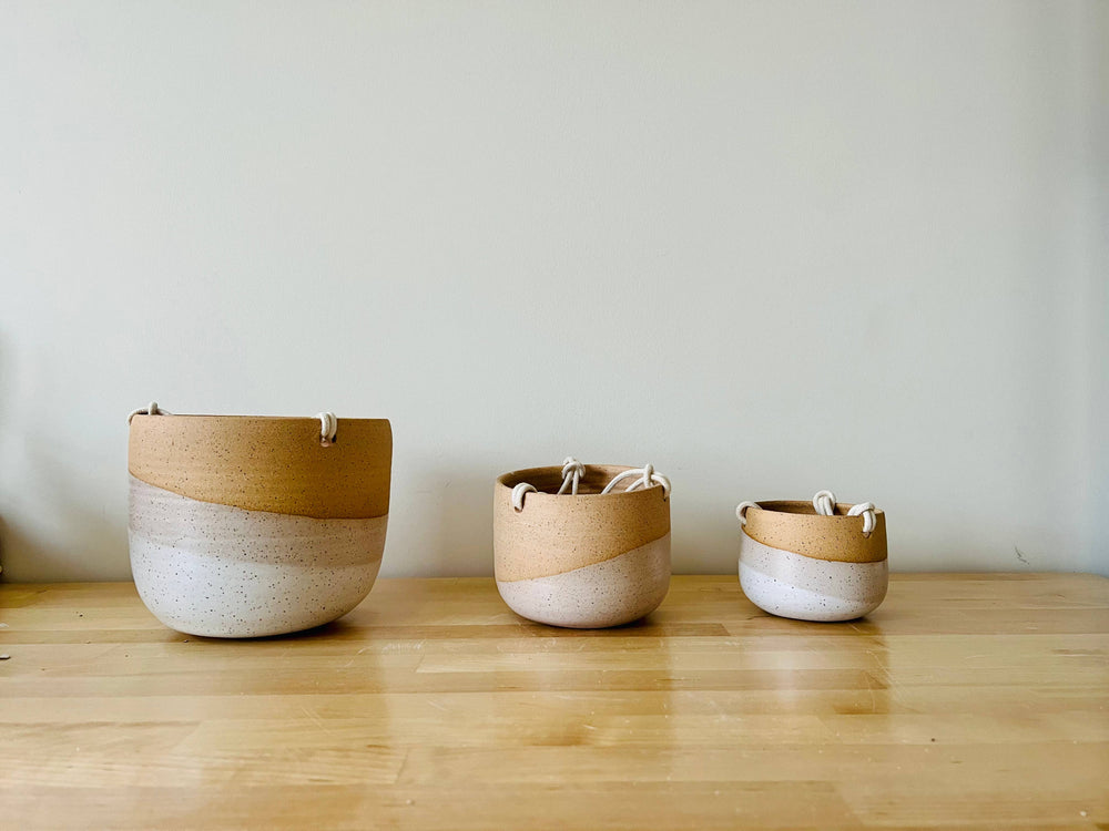 Hanging Orb Planter with Cord - White - Handmade Ceramic : Speckled sand / Medium